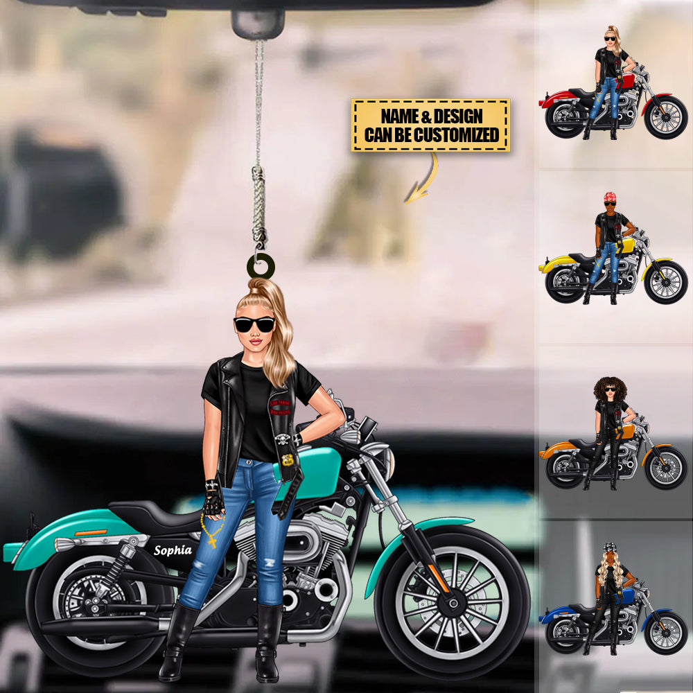 Personalized Female Biker Car Acrylic Ornament - For Motorcycle Lovers