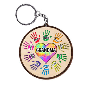 Grandma Heart Colorful Hands Wood Keychain