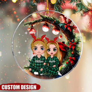 Red Tree House - Christmas Doll Couple Sitting Hugging Personalized Custom Ornament