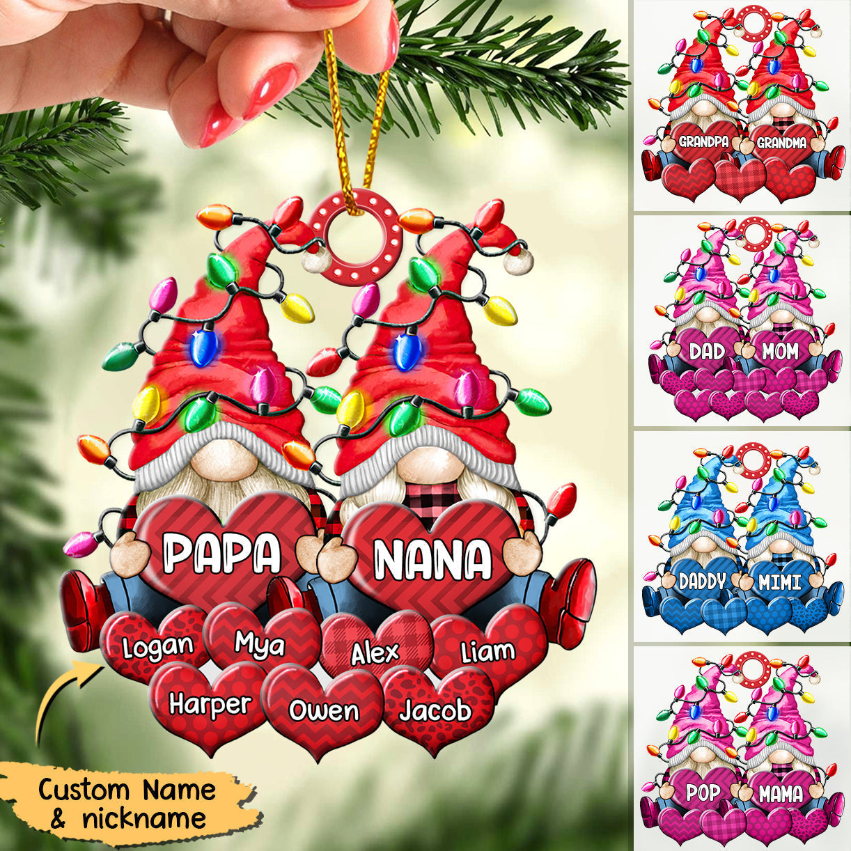 Colorful Christmas Light Dwarf Couple Papa Grandma Nana Daddy Loves Sweet Heart Kids Personalized Ornament