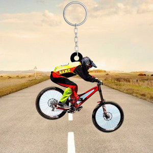 PERSONALIZED MOUNTAIN BIKING KEYCHAIN, CUSTOM NAME ACRYLIC FLAT KEYCHAIN FOR BIKER