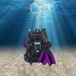 PERSONALIZED SCUBA DIVING EQUIPMENT KEYCHAIN, CUSTOM NAME FLAT KEYCHAIN FOR DIVER