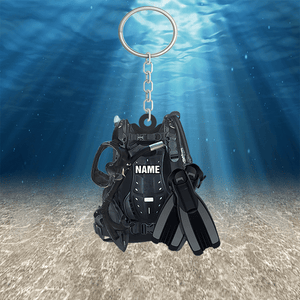PERSONALIZED SCUBA DIVING EQUIPMENT KEYCHAIN, CUSTOM NAME FLAT KEYCHAIN FOR DIVER