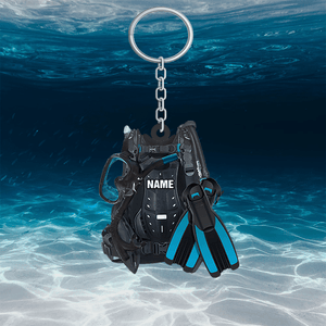 PERSONALIZED SCUBA DIVING EQUIPMENT KEYCHAIN, CUSTOM NAME FLAT KEYCHAIN FOR DIVER