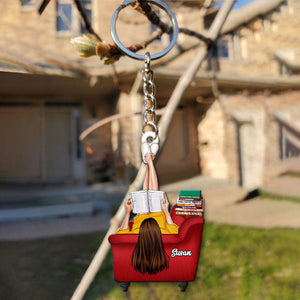 Girl Reading Book On Sofa Custom Book Titles, Personalized Keychain