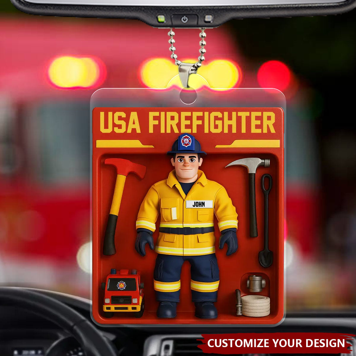 Personalized USA Firefighter Acrylic Car Ornament - Custom Figure For Firefighters