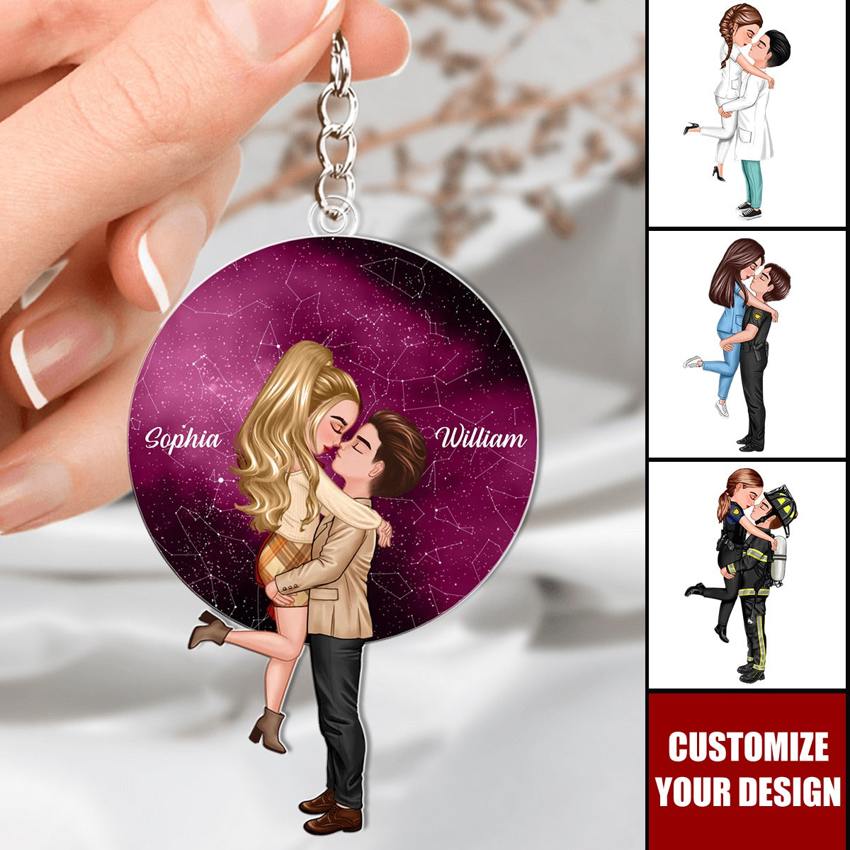 Doll Couple Hugging Kissing Under These Stars Personalized Acrylic Keychain
