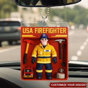 Personalized USA Firefighter Acrylic Car Ornament - Custom Figure For Firefighters