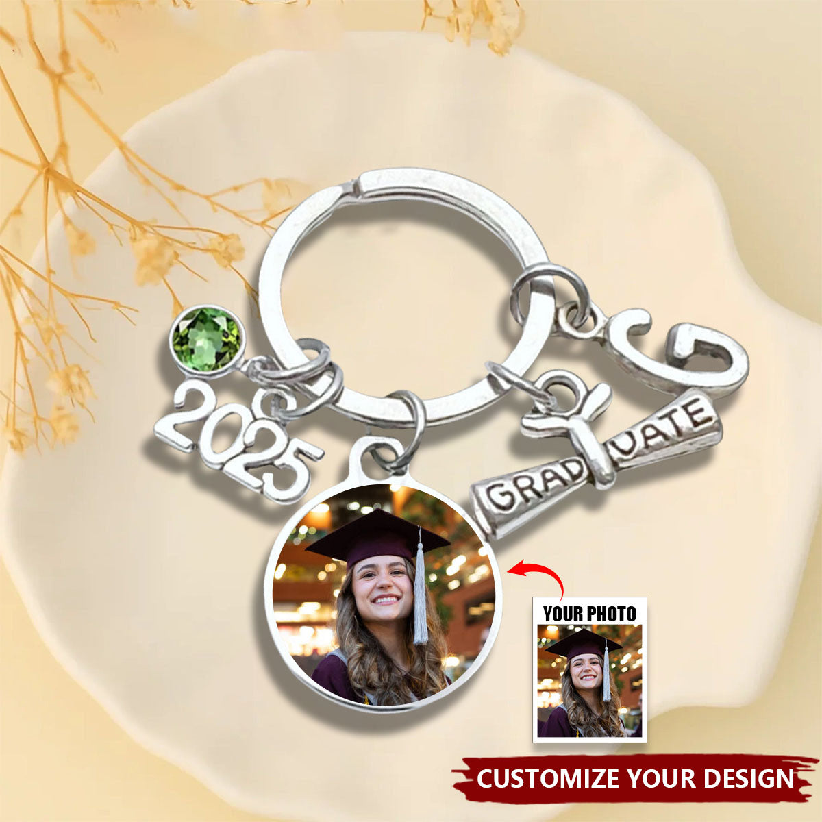 Initial Birthstone 2025 Graduation Custom Photo Keyring