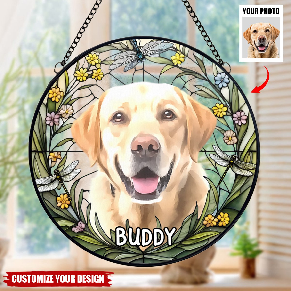 Custom Photo Forever In My Heart - Memorial Personalized Stained Glass Window Ornament