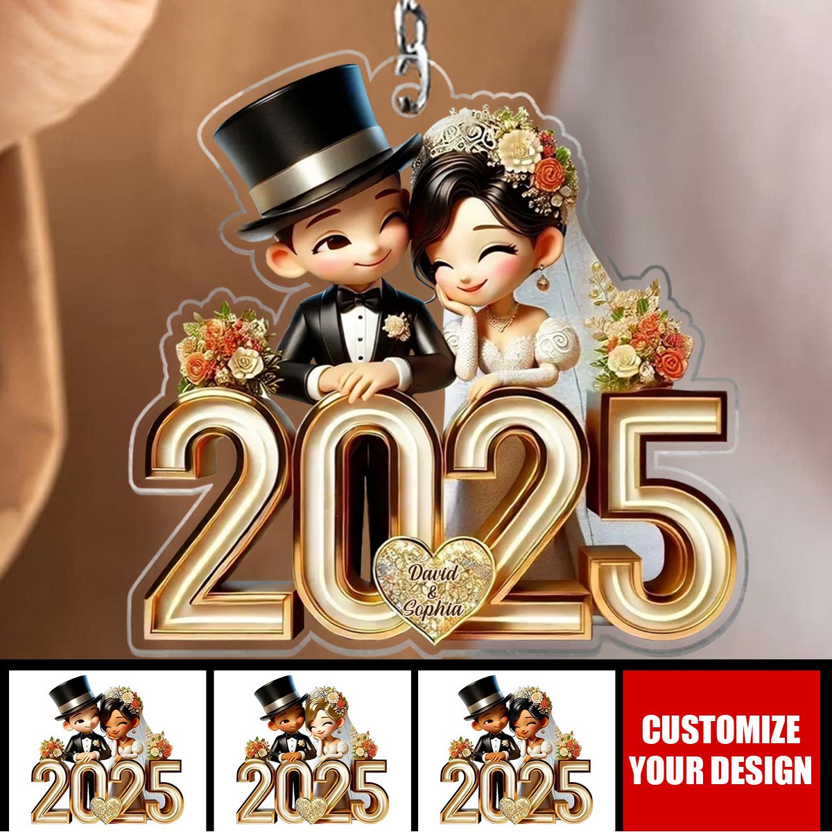 Happy Newlywed Cartoon Couple Personalized Keychain