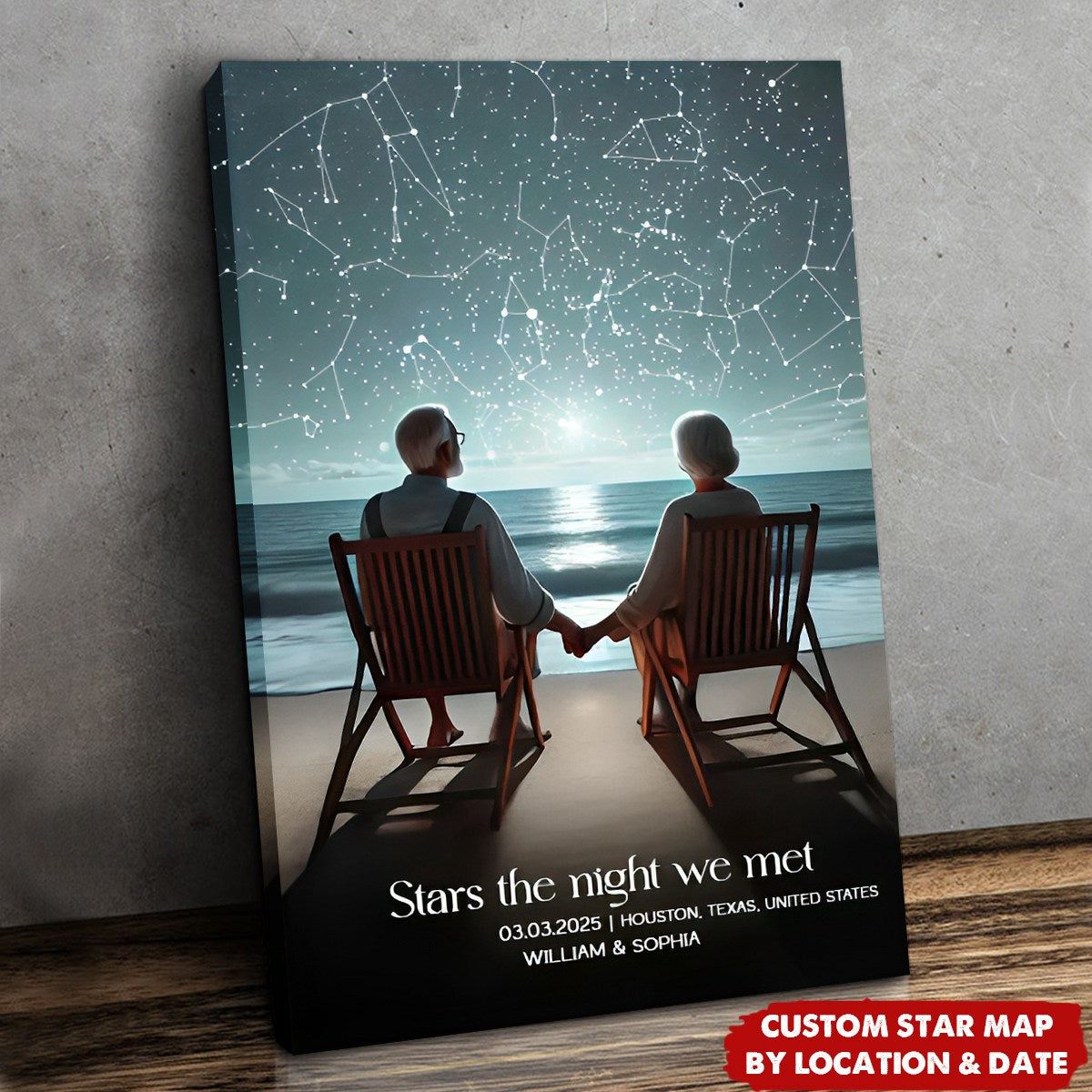 Romantic Beach Landscape Old Couple - Personalized Couple Star Map Poster
