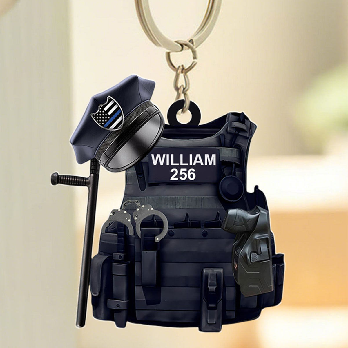 PERSONALIZED POLICE KEYCHAIN, CUSTOM NAME POLICE VEST FULL SET, BATON/TONFA & GUN FLAT KEYCHAIN