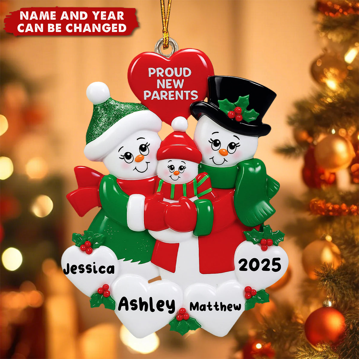 Proud New Parents Snowman - Personalized Wooden Ornament