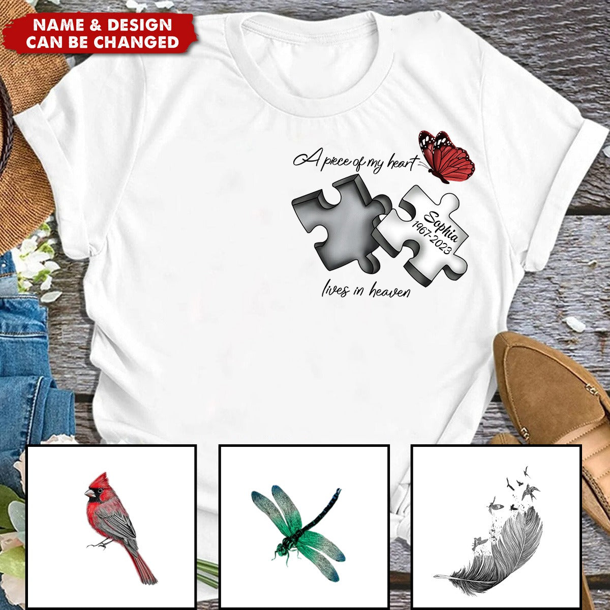 Personalized Memorial Butterfly T-Shirt - A Piece Of My Heart Lives In Heaven