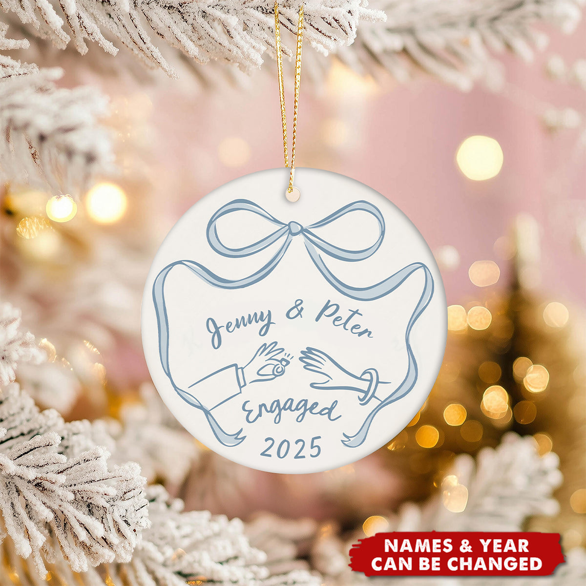 First Christmas Engaged Personalized Ceramic Ornament - Engagement Gift for Couples