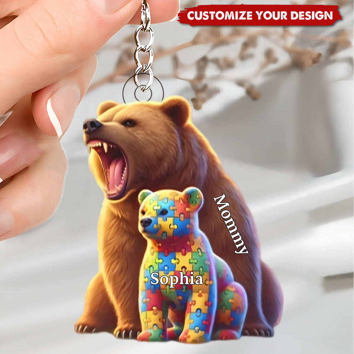 Autism Mama Bear Personalized Acrylic Keychain, Gifts For Mom