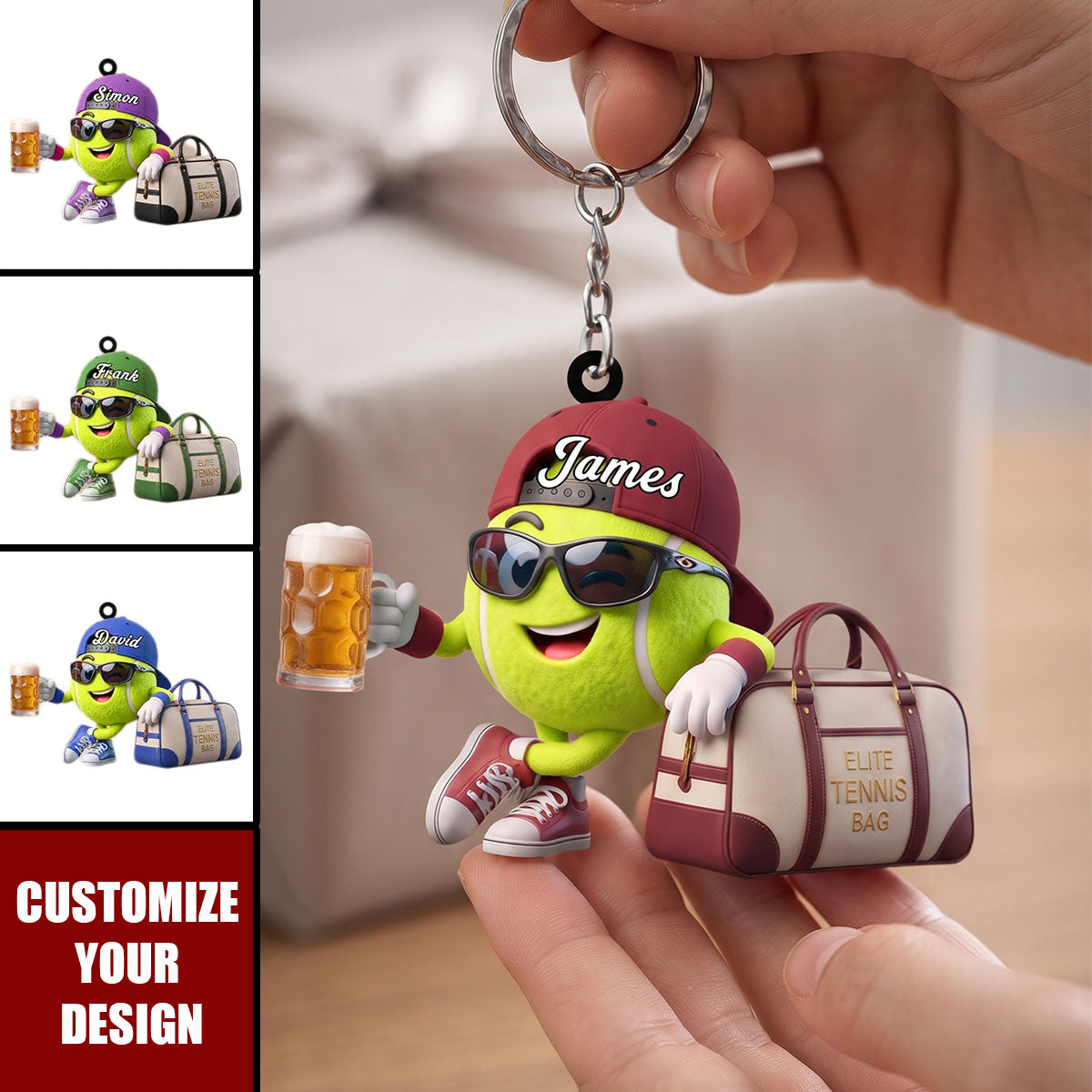 Personalized Tennis Player Mascot Keychain - Custom Tennis Gift