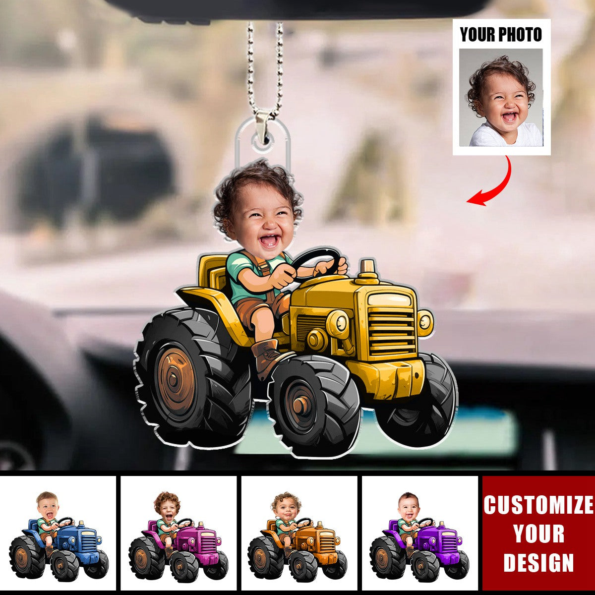 Custom Face Boy Loves Tractors - Personalized Photo Car Ornament