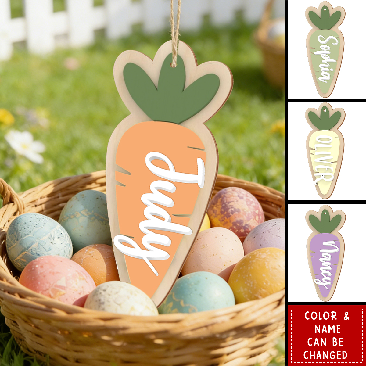 Custom Kids Bunny Name Tag - Personalized Carrot Easter Basket Tag Ornament