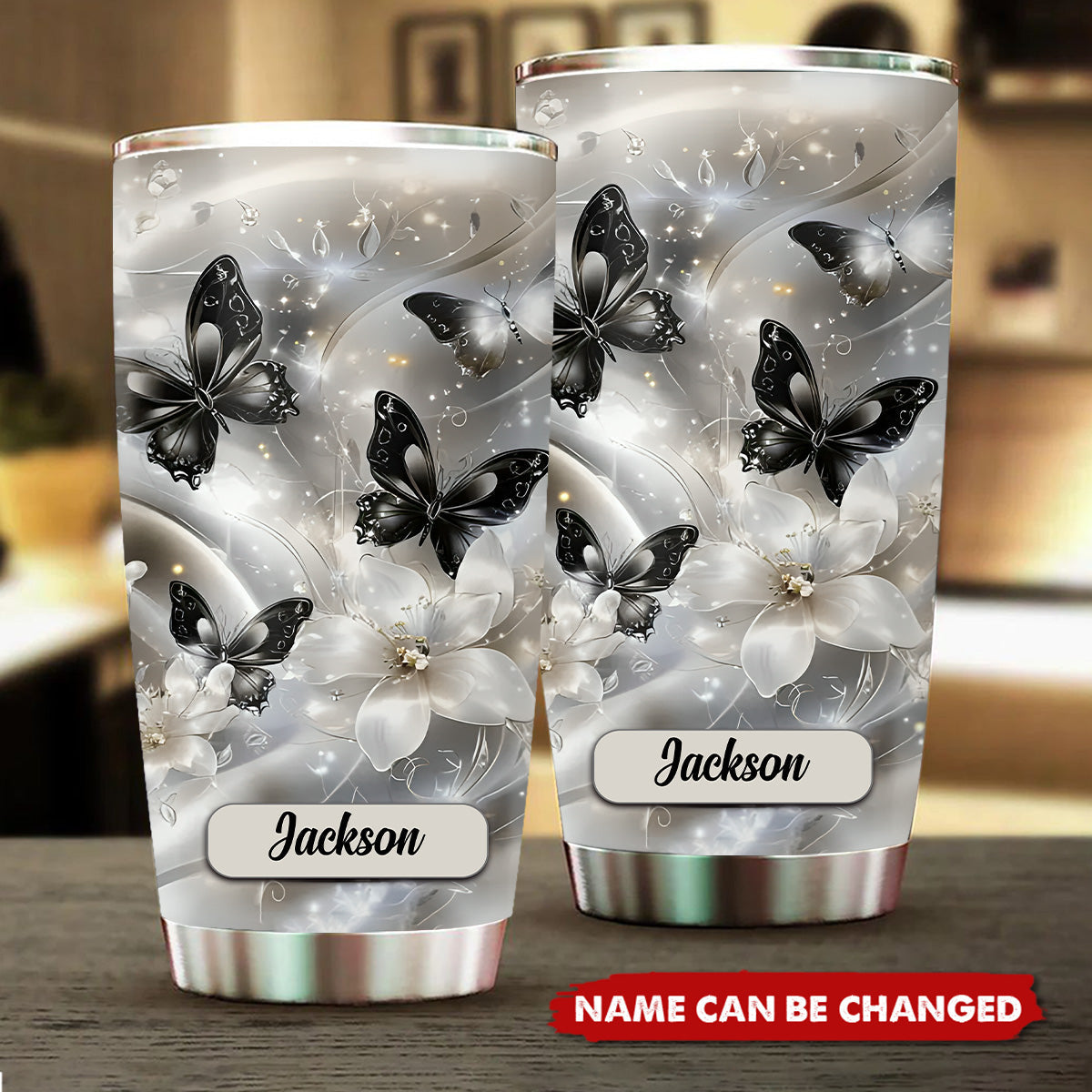 Elegant Black And White Butterfly & Floral Personalized Name Tumbler