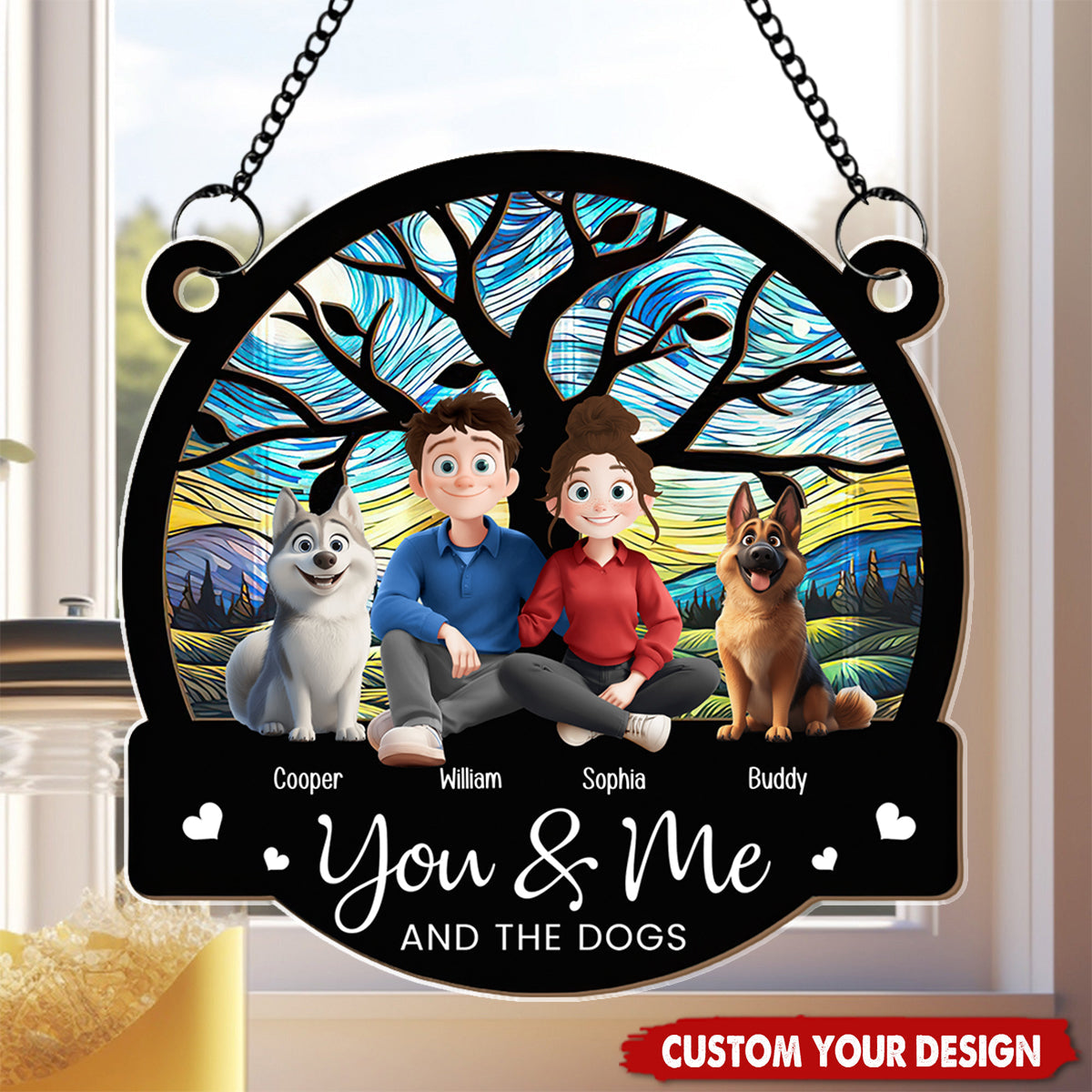 Cartoon Version You & Me And The Dogs - Personalized Window Hanging Suncatcher Ornament