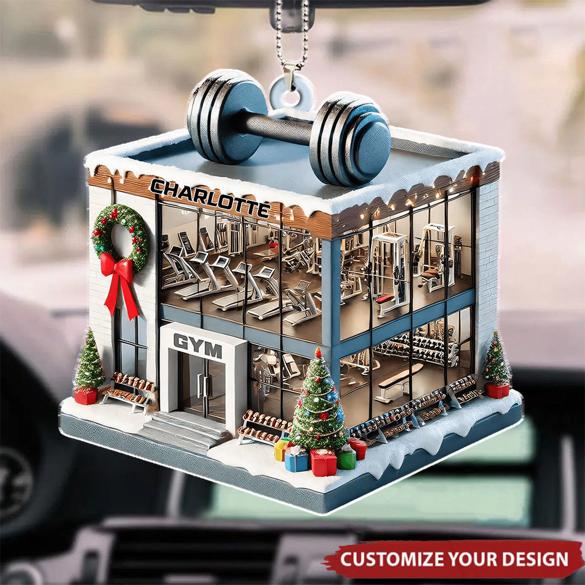 Gym With Dumbbell and Festive Decor - Personalized Acrylic Car Ornament, Gift For Fitness Center