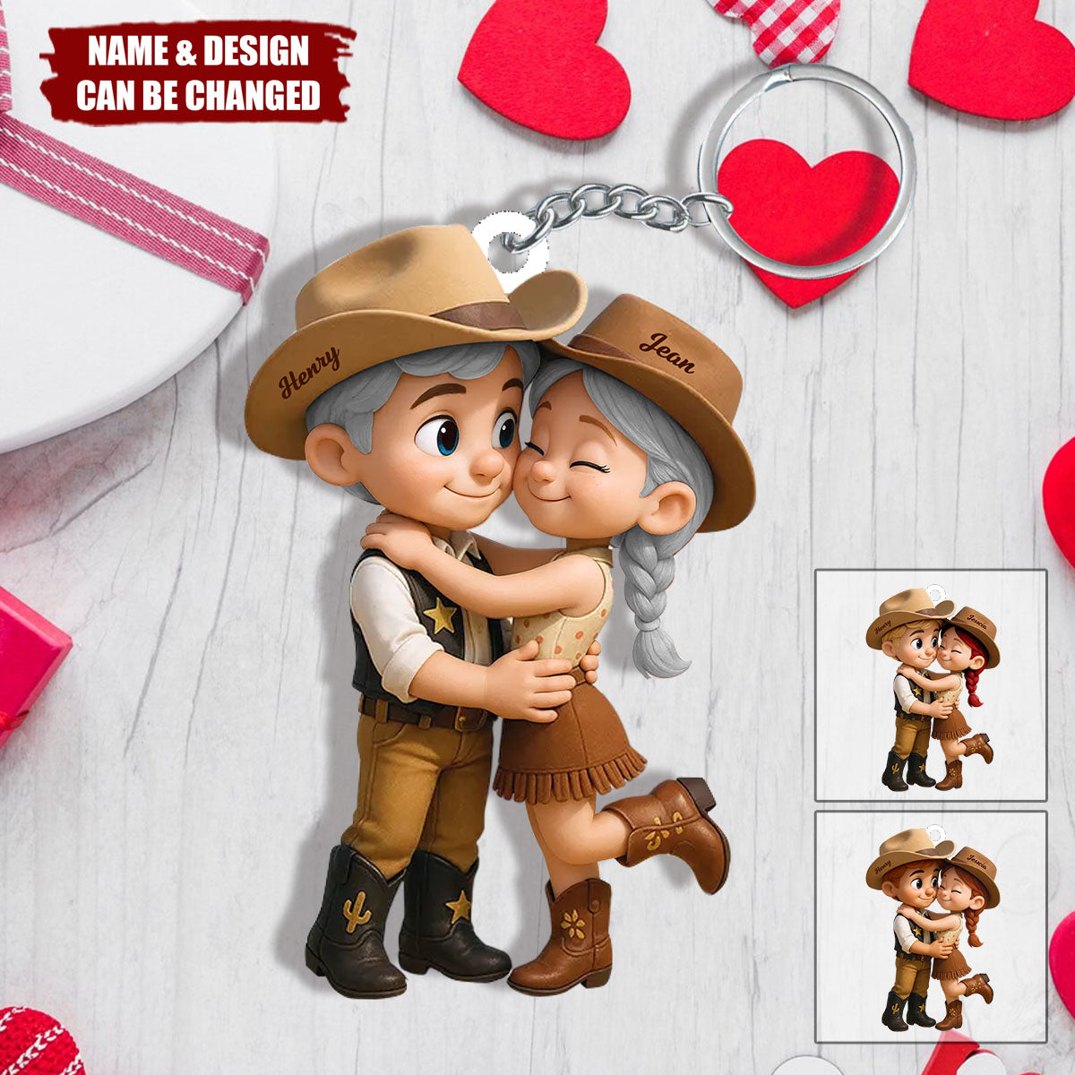 Cartoon Style Countryside Couple Cowboy Cowgirl Personalized Keychain