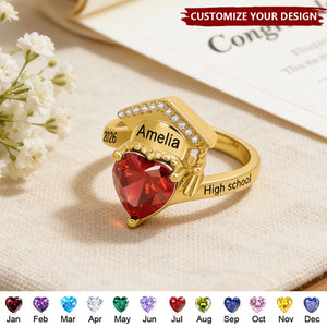 Personalized Zircon Grad Cap Heart Birthstone Ring - Graduation Gift For Graduates