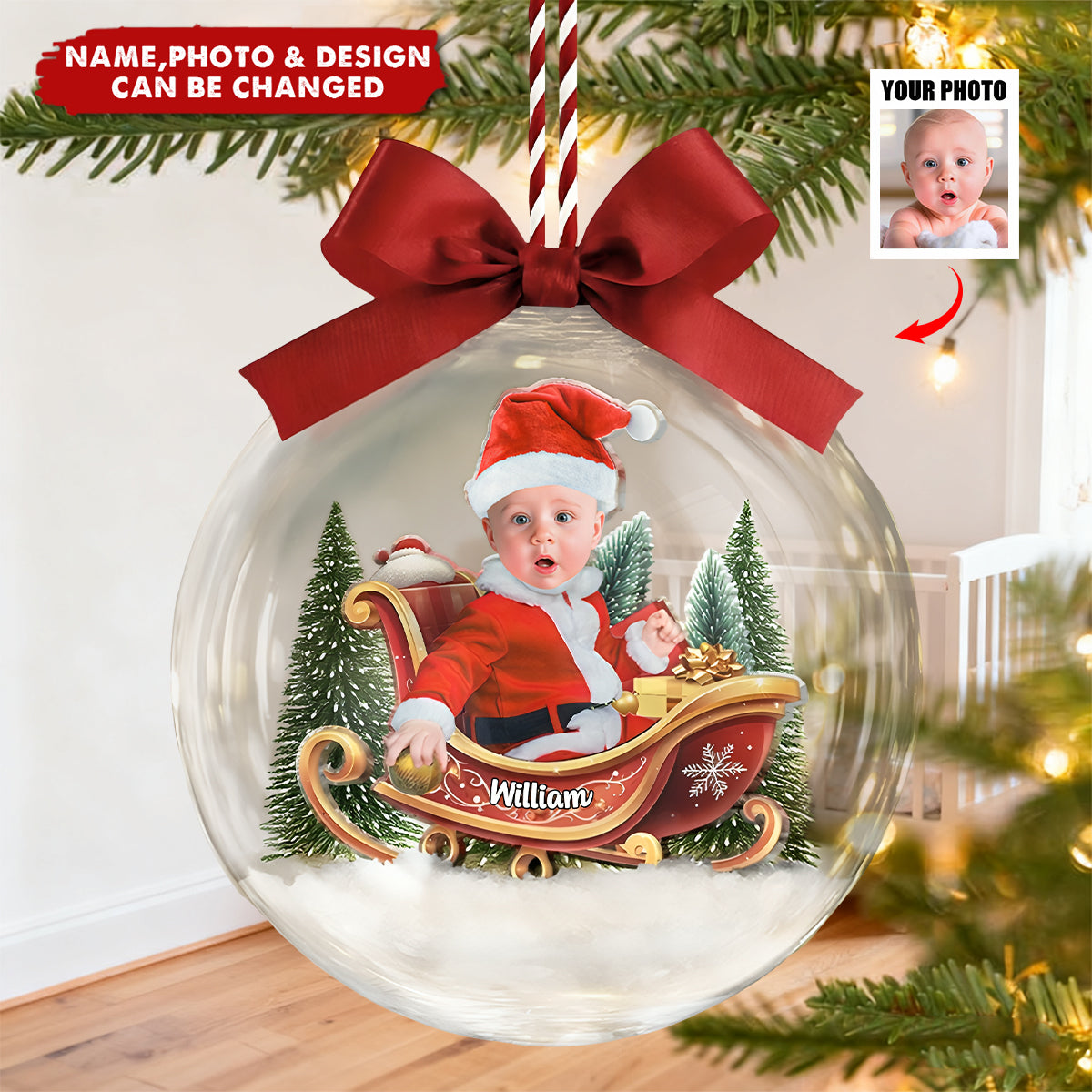 Custom Photo Baby And Kid In Sleigh  - Personalized Christmas Acrylic Ornament