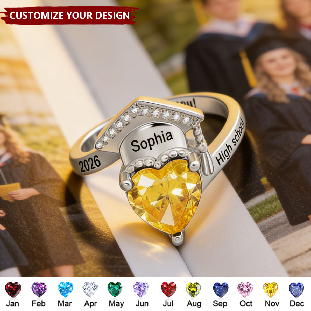 Personalized Zircon Grad Cap Heart Birthstone Ring - Graduation Gift For Graduates