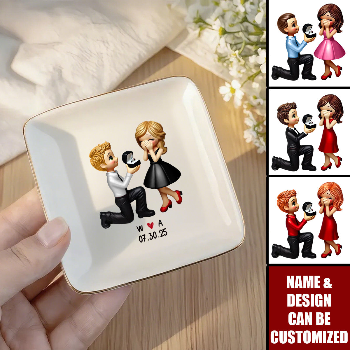 Couple Marriage Proposal Engagement Personalized Jewelry Dish, Just Engaged Gifts For Her