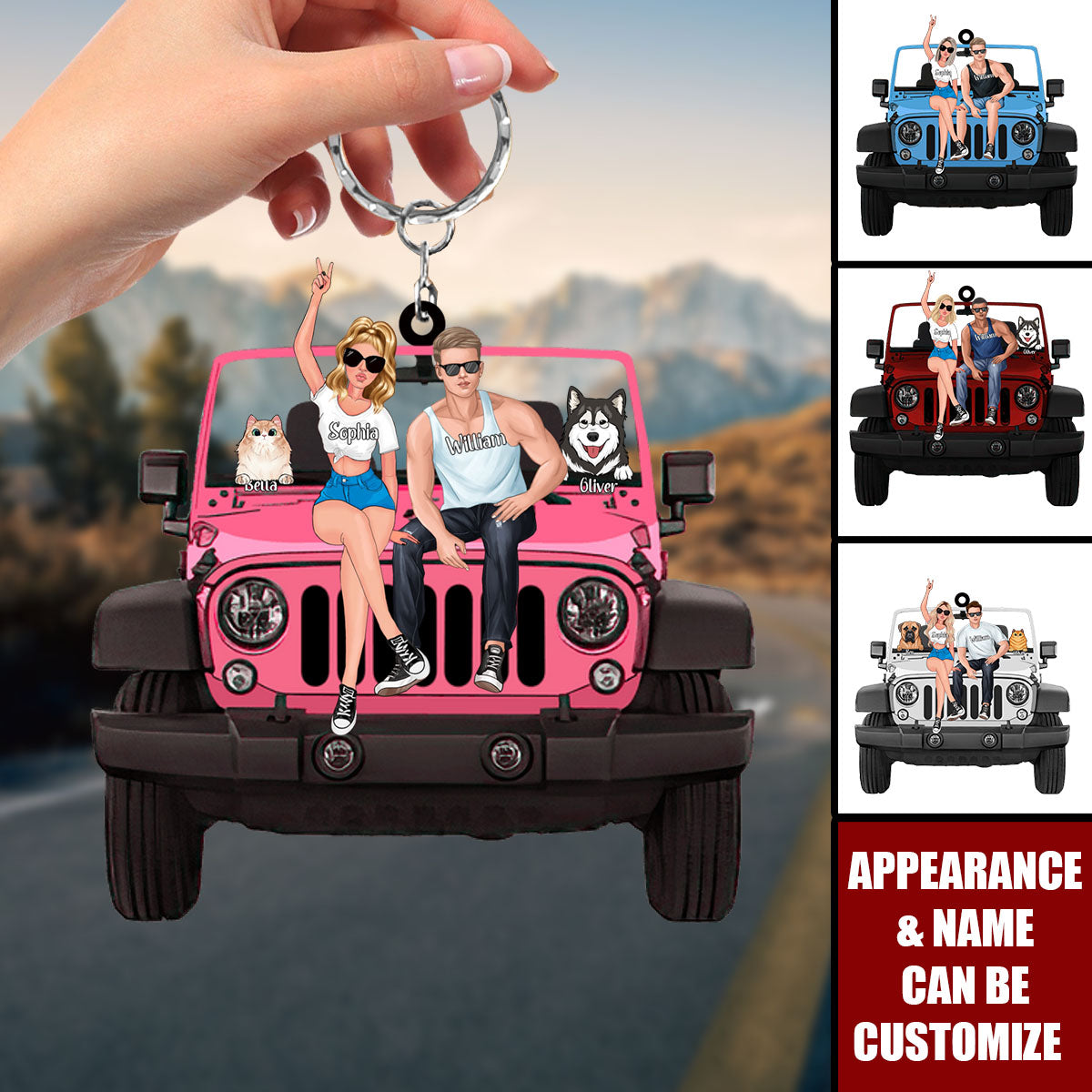 Personalized Off-Road Car Couple And Pet Keychain - Perfect Gift For Journey Lovers