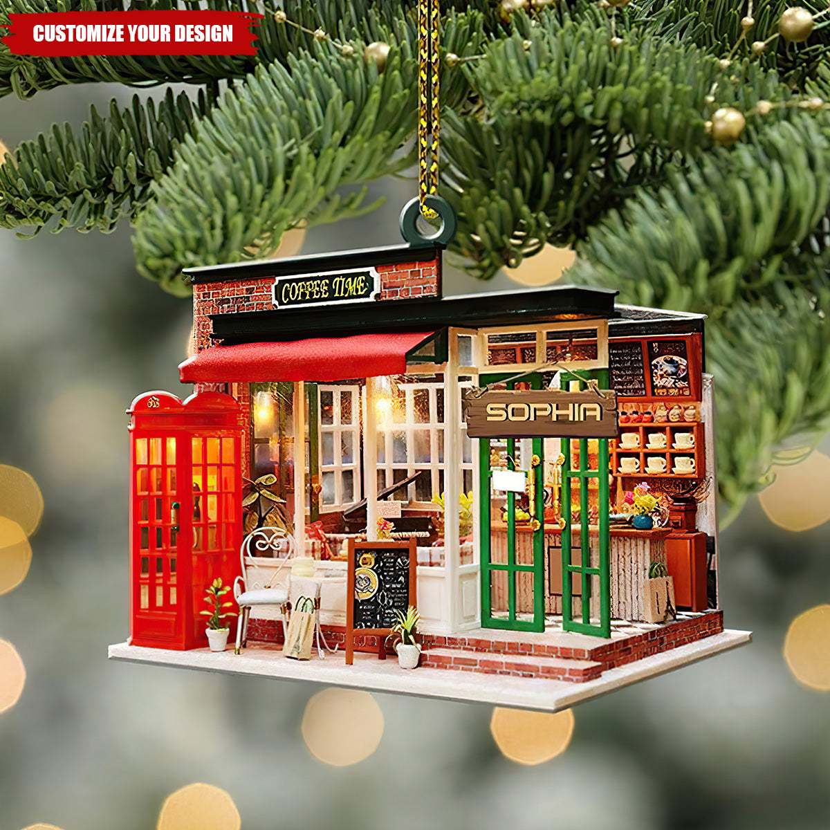 Personalized Coffee Shop Christmas Light Flat Ornament, Christmas Coffee Ornaments, Coffee Lover Xmas Gifts Caffein Ornament, Christmas Gift