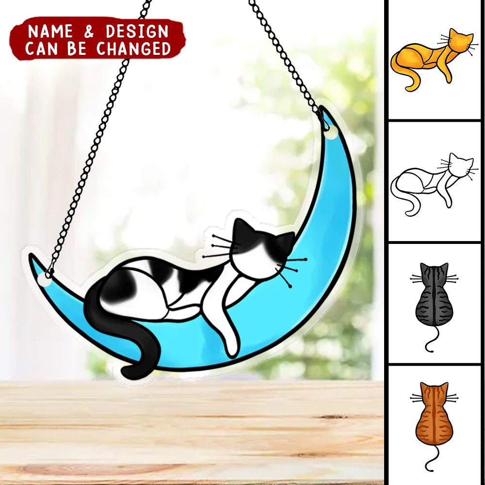 Sleeping Cat On Moon Handcrafted Suncatchers, Cat Decoration, Cat Memorial Gifts Personalized Acrylic Windows Hangings