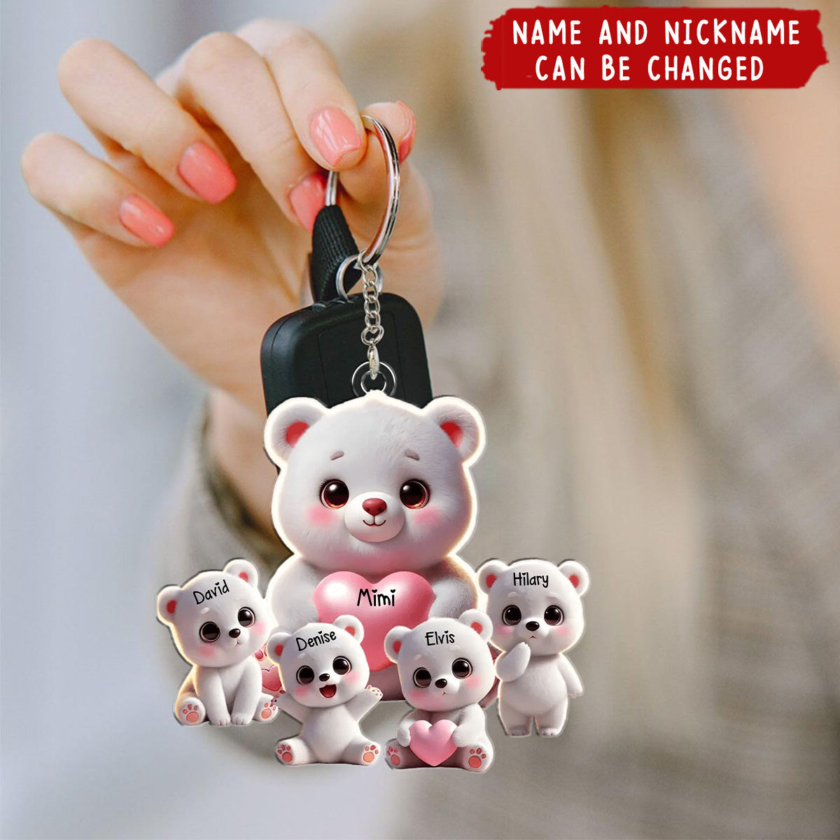 Personalized 1-10 Names White Bear Keychain – Custom Family Bear Pendant Keychain Gift