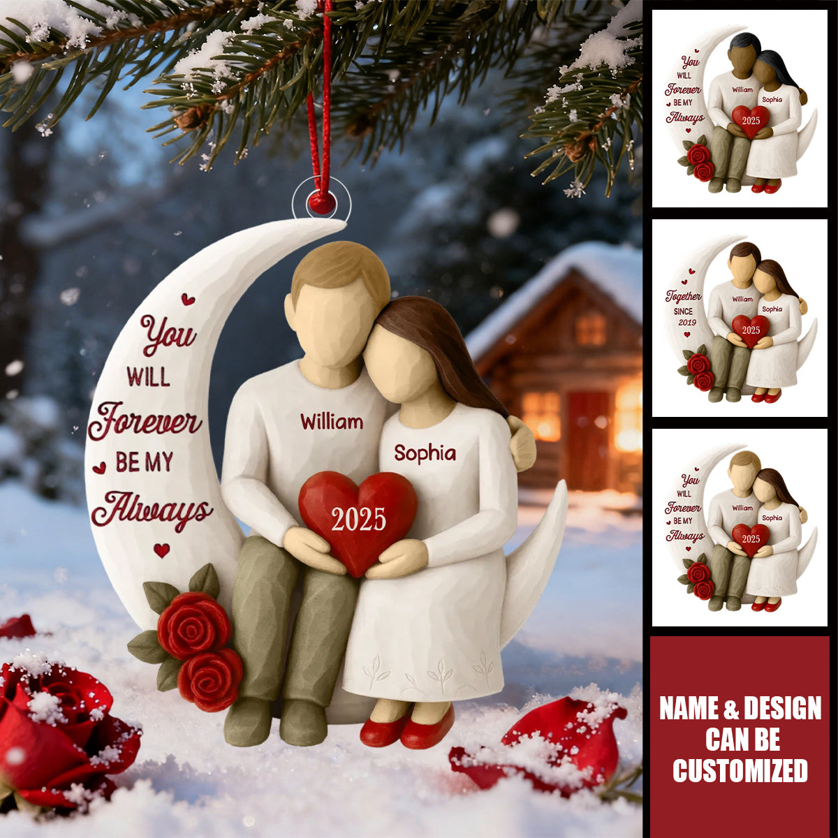 Roses Wooden Texture Couple On Moon - Personalized Acrylic Ornament - Christmas Gift For Couple