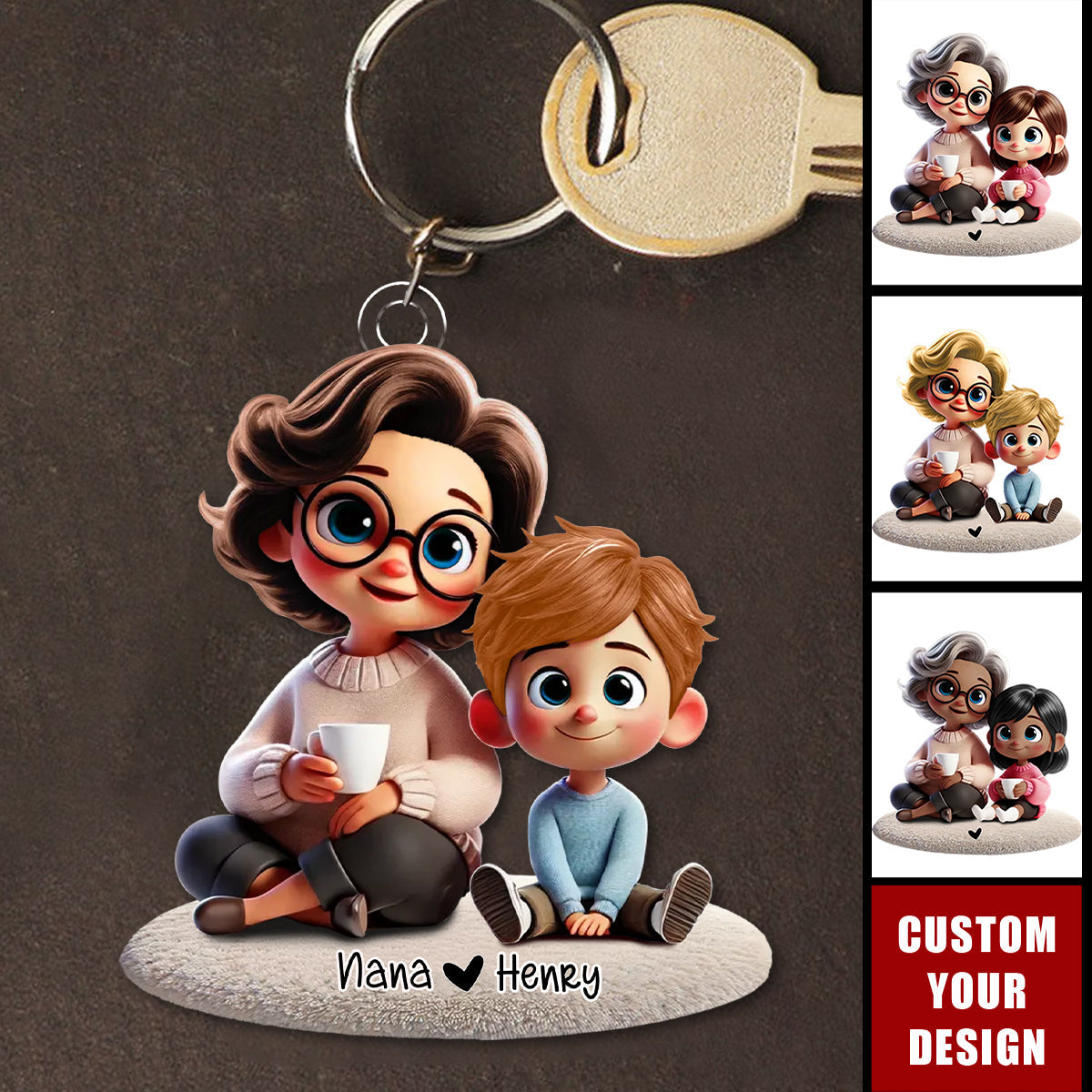 Happy Grandma & Grandkid Sitting Personalized Acrylic Keychain, Perfect 2025 Mother's Day Gift For Mom, For Grandma