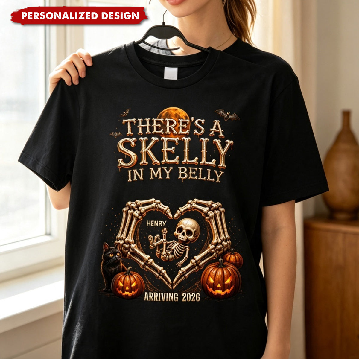 Personalized Halloween Skeleton Pregnancy Announcement T‑Shirt - Gift For Pregnant Women