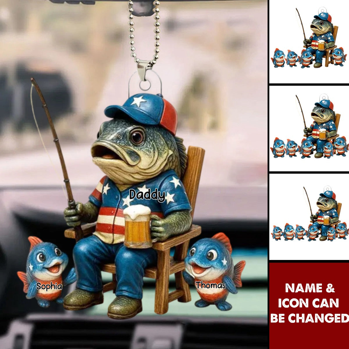 Fishing Dad And Kids Personalized Acrylic Car Ornament