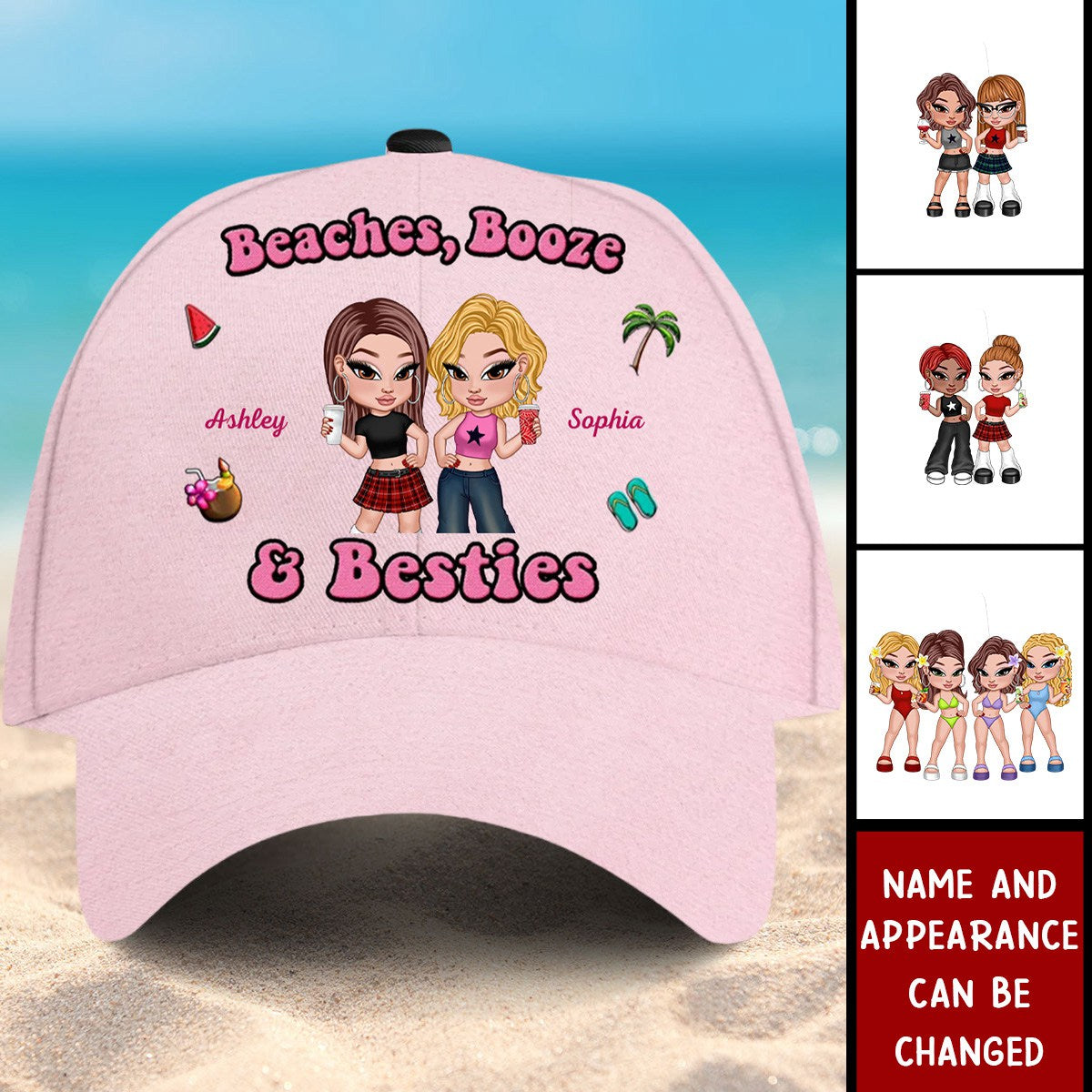 Beaches Booze & Besties, Summer Vibe Personalized Classic Cap, Gift For Best Friends