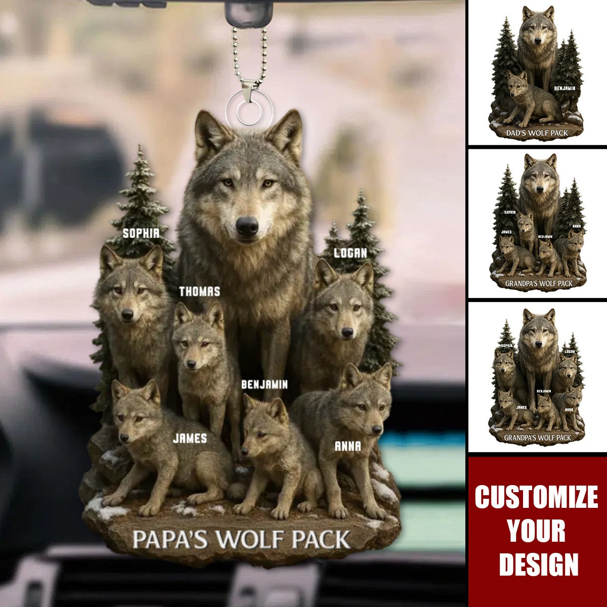 Wolf By Nature, Dad By Heart - Personalized Acrylic Car Ornament, Gift For Dad, Grandpa