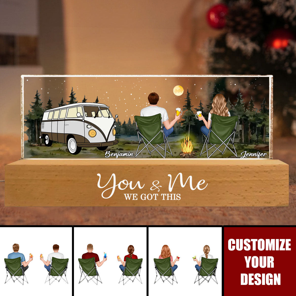 Back View Couple Camping Sitting Together - Personalized Acrylic LED Night Light, Valentine's Day Gift For Him, For Her