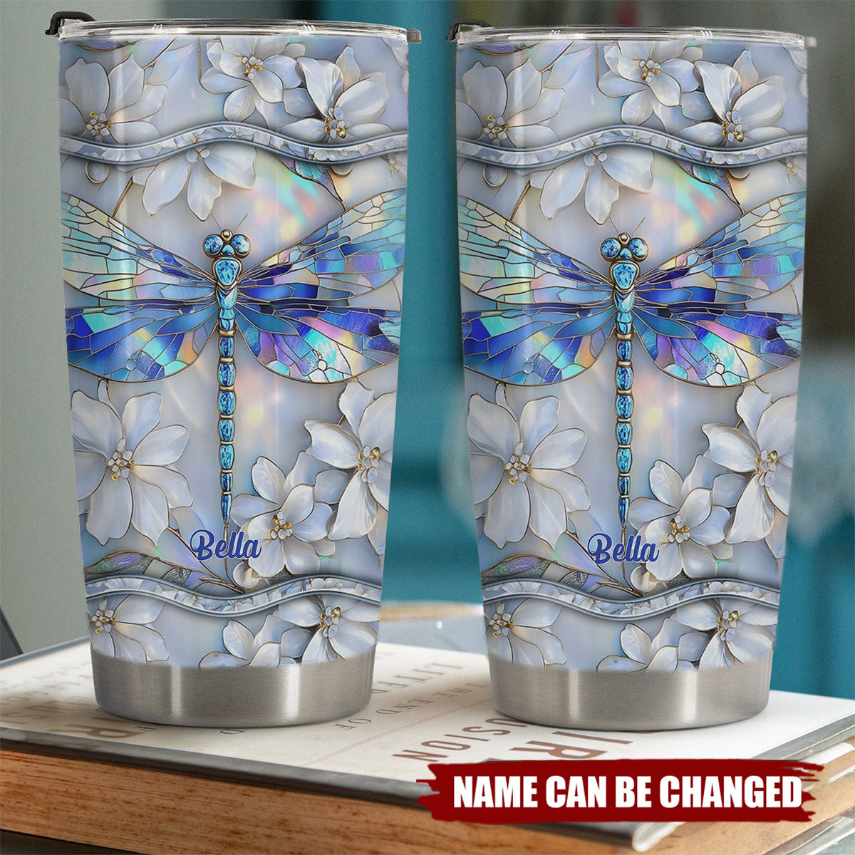 Iridescent Stained Glass Dragonfly Personalized Name Tumbler For Nature Lovers