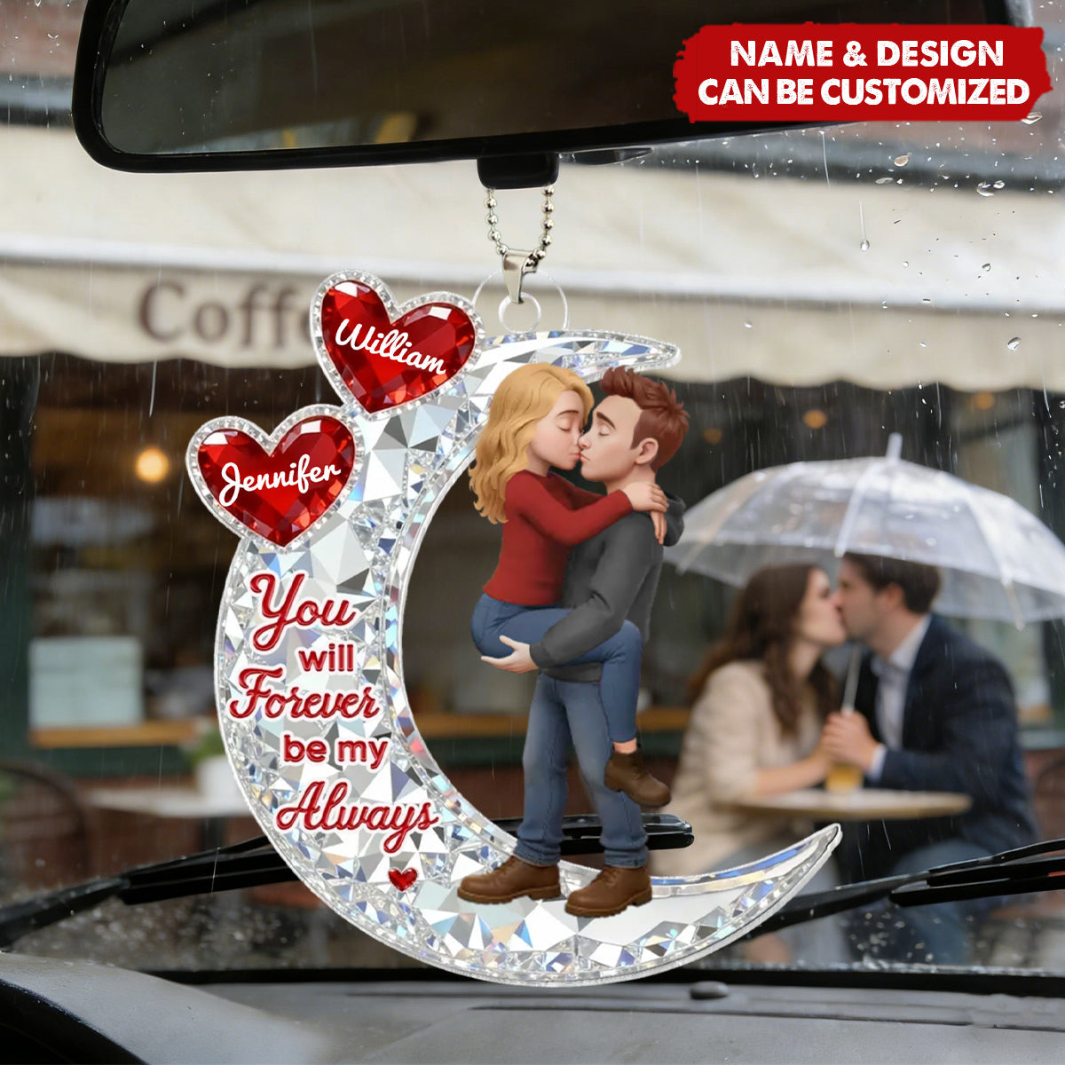 Couple Hug On Moon - Personalized Car Ornament, Gift For Couple, Gift For Him, For Her