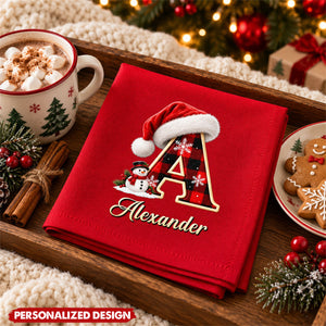 Personalized Christmas Monogram Letter Red Napkin - Custom Name Snowman Santa Hat Holiday Table Decor