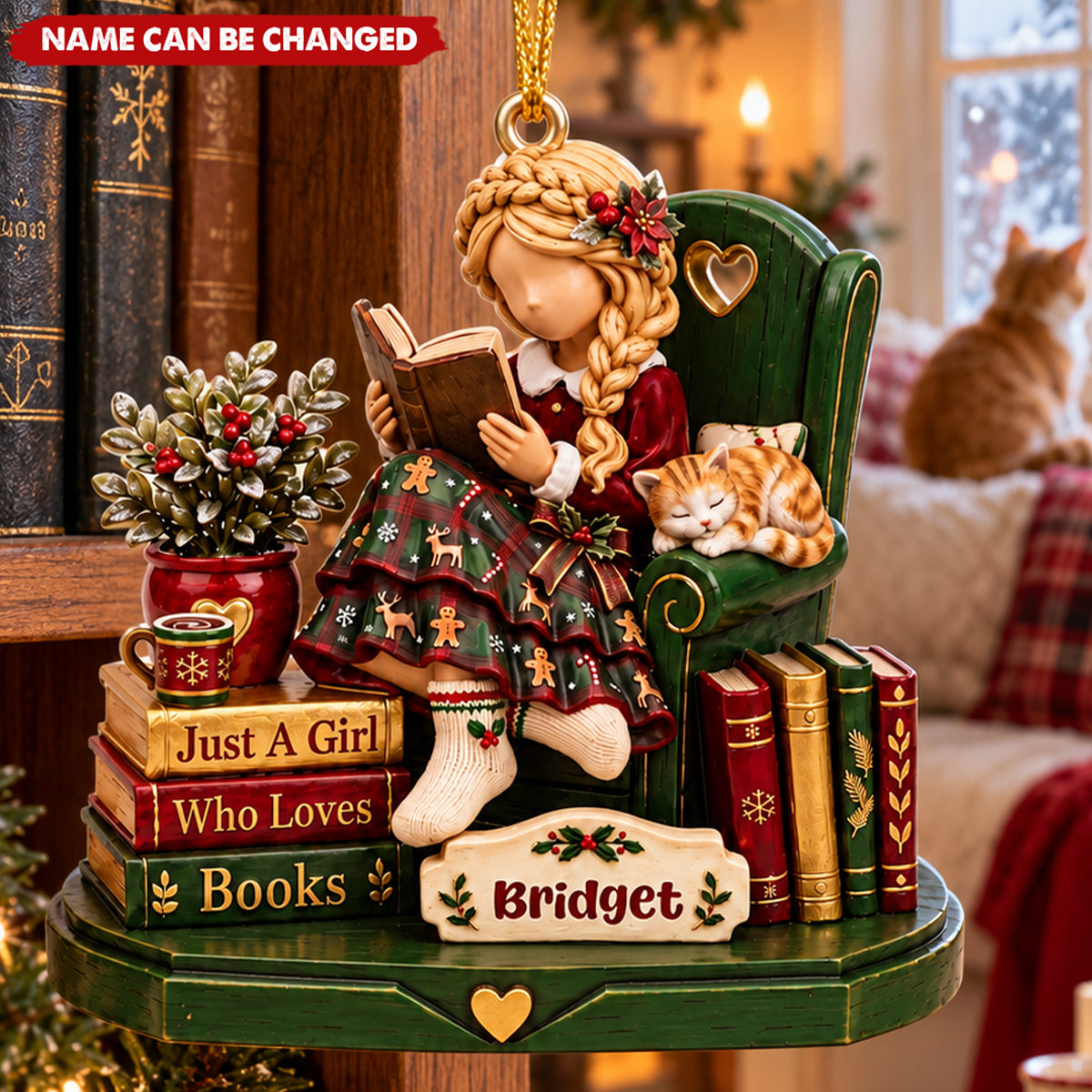 Personalized Christmas Ornament Featuring A Girl Reading A Book