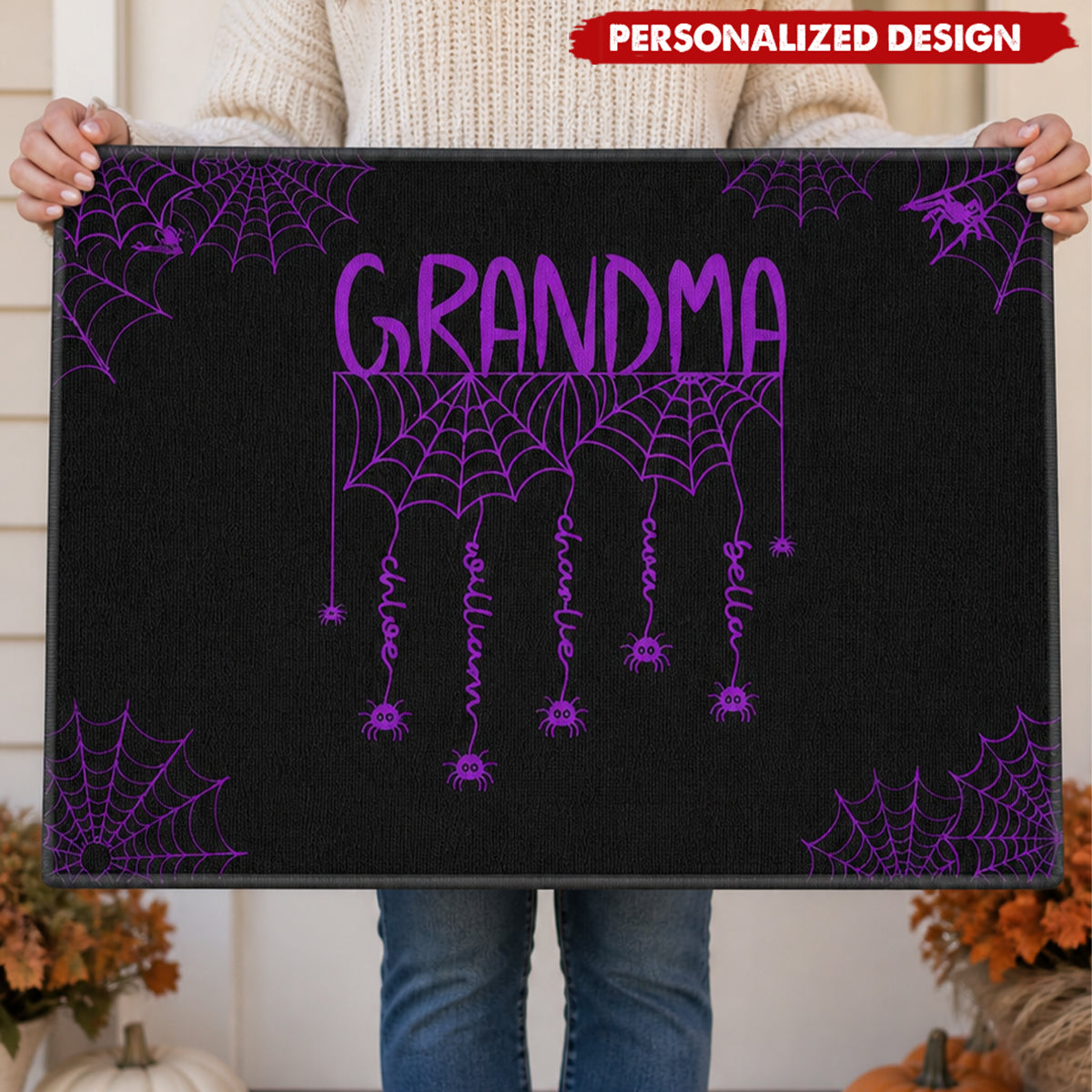 Personalized Halloween Spider Web Doormat - Custom Kids Names Fall Front Door Mat