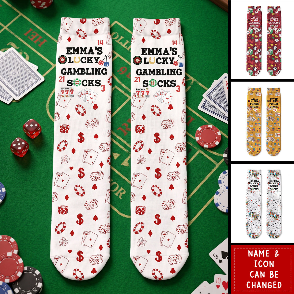 Lucky Gambling Socks, Lucky Poker Socks - Custom Name & Style - Personalized Socks