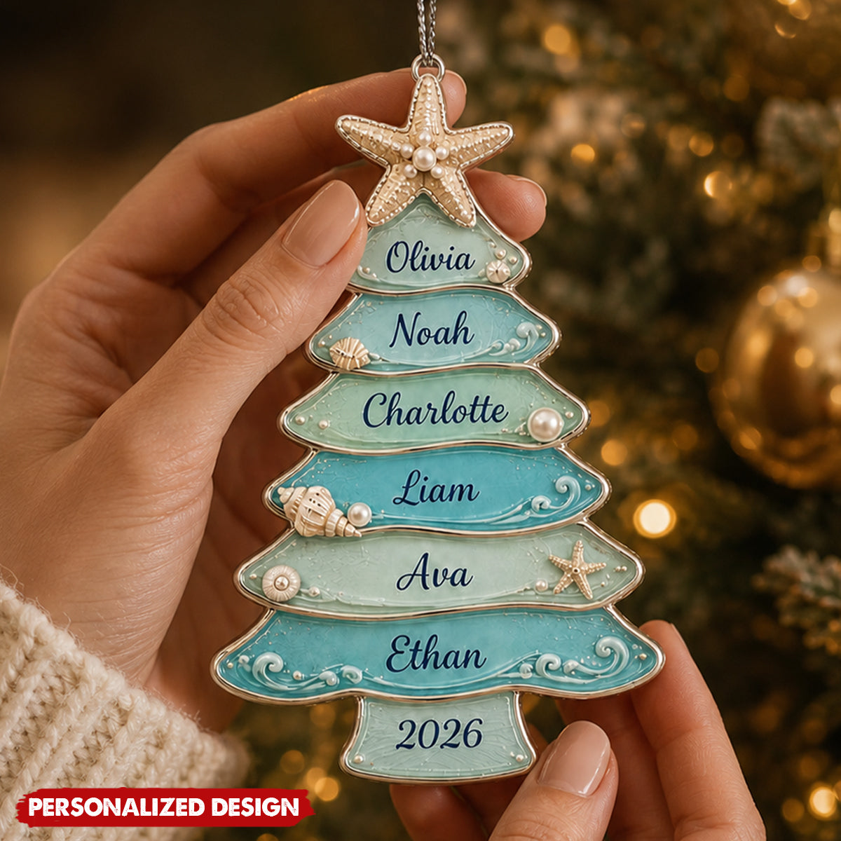 Personalized Coastal Christmas Tree Acrylic Ornament - Beach Seashell Starfish Holiday Keepsake